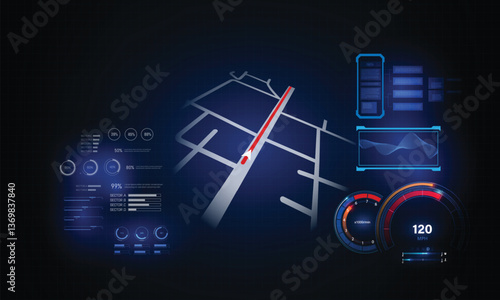 High-tech navigation system interface featuring a digital map, futuristic speedometer, and advanced vehicle diagnostics. The design includes HUD