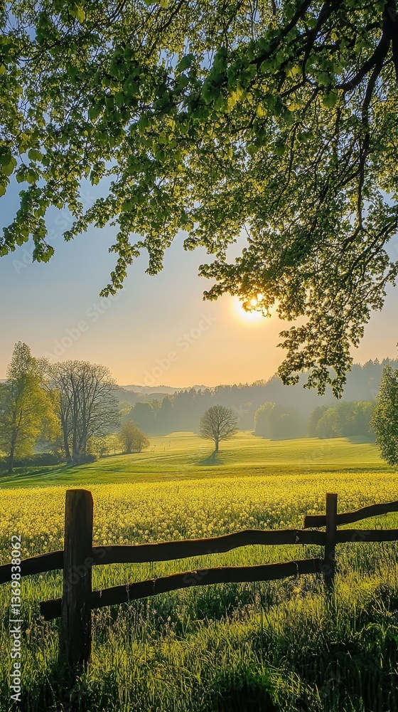 Serene Sunrise Over Golden Field with Fence and Trees in Landscape Serene Sunrise Over Golden Field with Fence and Trees in Landscape