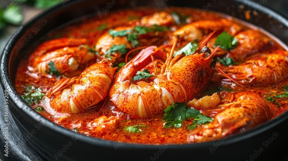 A vibrant bowl of spicy, aromatic seafood stew featuring shrimp, garnished with fresh herbs. A vibrant bowl of spicy, aromatic seafood stew featuring shrimp, garnished with fresh herbs.