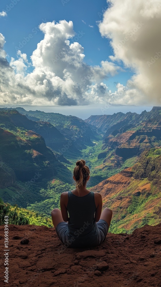 Fototapeta premium Serene View of a Tourist Overlooking a Majestic Mountain Valley