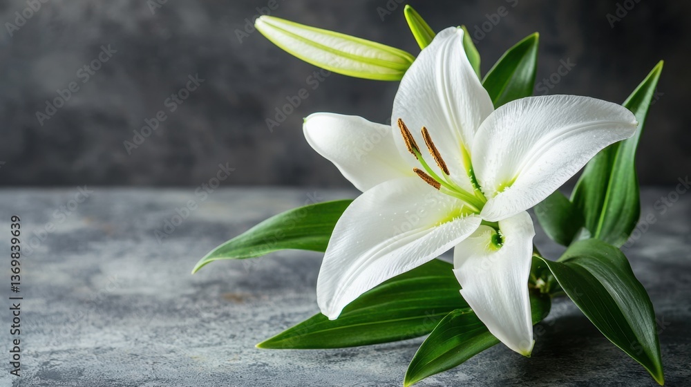 Fototapeta premium A beautiful white lily with green leaves, elegantly displayed against a textured gray background.