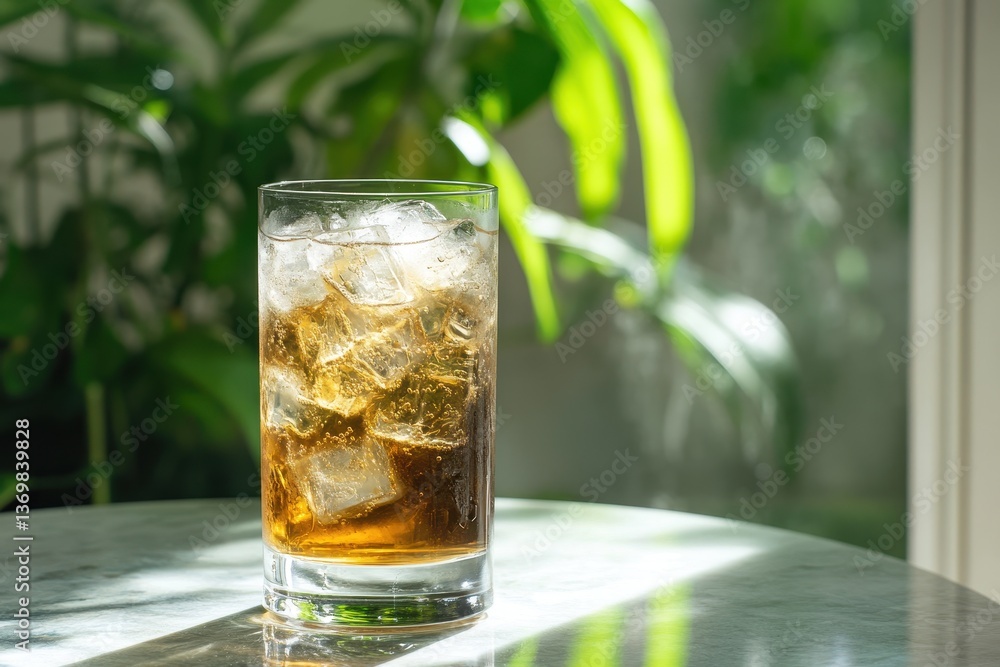 Refreshing Beverage with Ice Cubes on Marble Table Surrounded by Plants Refreshing Beverage with Ice Cubes on Marble Table Surrounded by Plants
