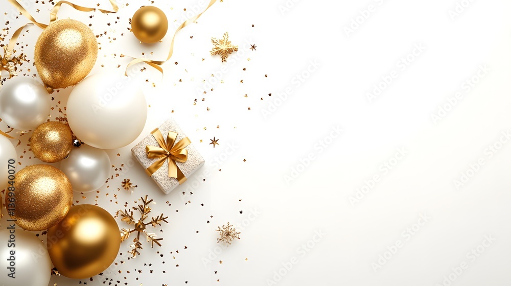 A festive holiday scene featuring golden and white ornaments, a wrapped gift with a gold bow, glittering snowflakes, and confetti arranged on a clean white background. A festive holiday scene featuring golden and white ornaments, a wrapped gift with a gold bow, glittering snowflakes, and confetti arranged on a clean white background.