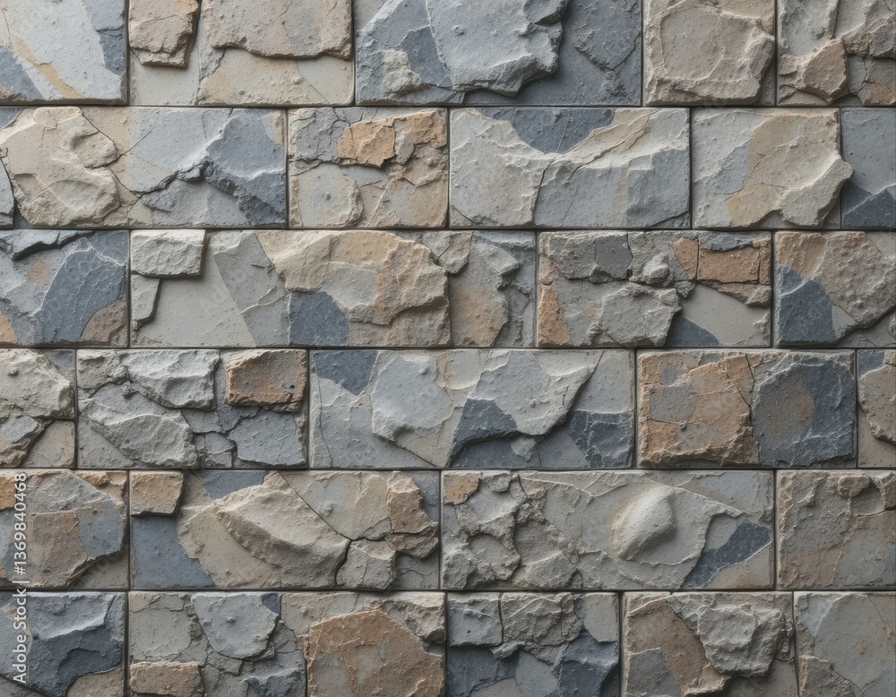 Fototapeta premium a wall lined with decorative stone of various sizes and shapes. Gray and beige shades create the effect of textured masonry, stone background