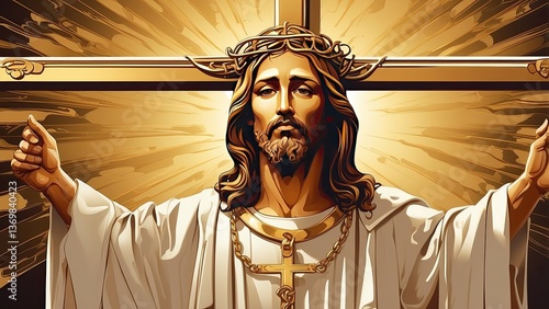 A graphic representation for Good Friday featuring a silhouette of Jesus on the cross against a golden sun rising or setting in the background.
