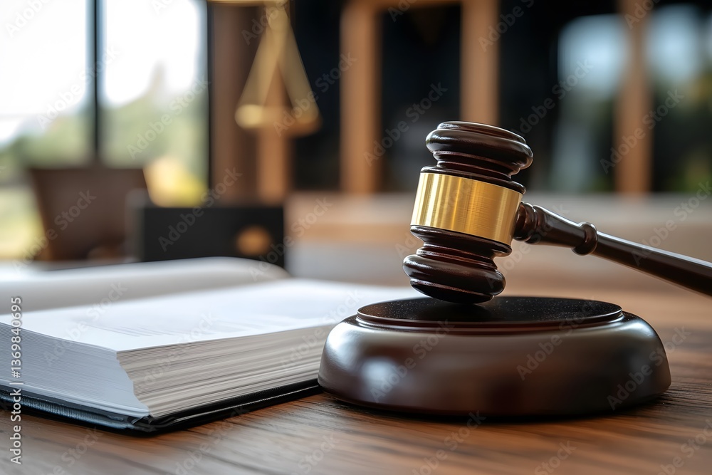 A wooden gavel resting on a sound block next to an open book in a courtroom setting with a scale of justice in the background, symbolizing law, justice, and legal proceedings. A wooden gavel resting on a sound block next to an open book in a courtroom setting with a scale of justice in the background, symbolizing law, justice, and legal proceedings.