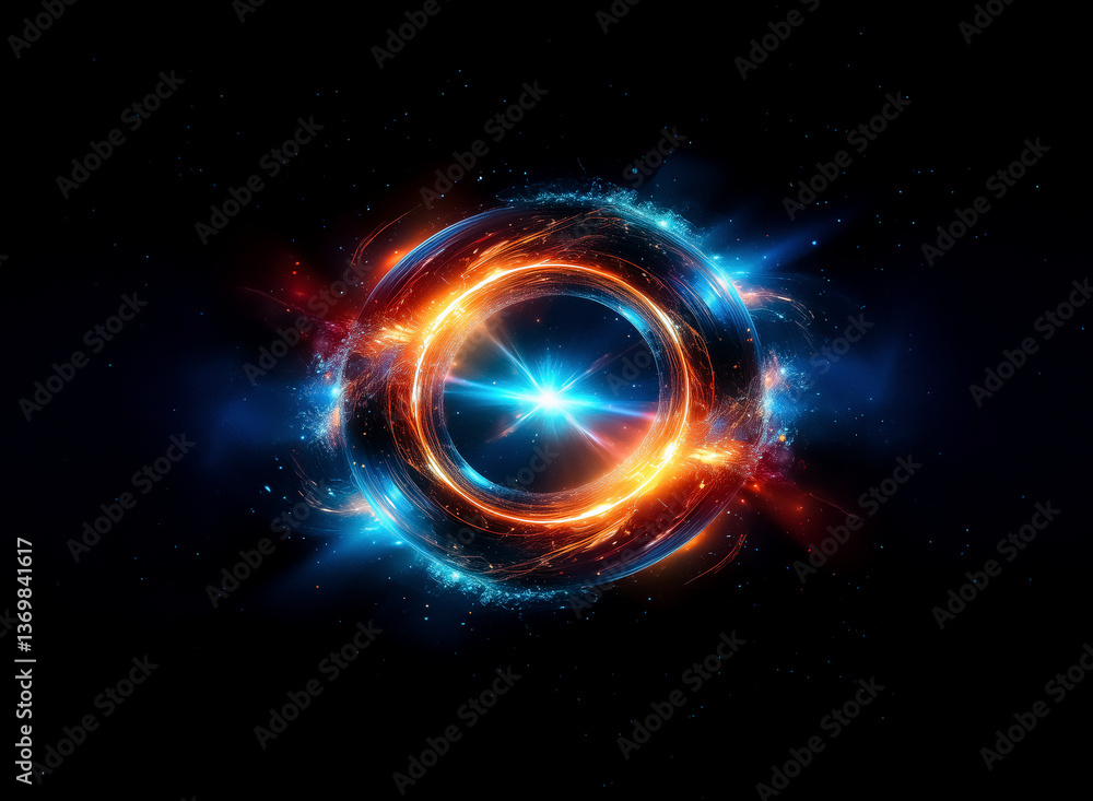 Fototapeta premium Abstract glowing circular form with vibrant blue and orange hues, emanating light on a dark backdrop. Looks like energy portal or cosmic ring.