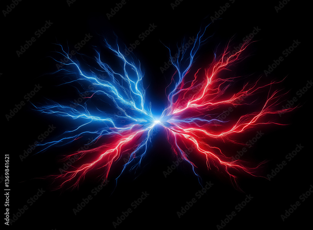 Fototapeta premium Striking display of energy with vibrant blue and red lightning bolts emanating from a central point on a stark black backdrop, creating a powerful visual of opposing forces colliding.