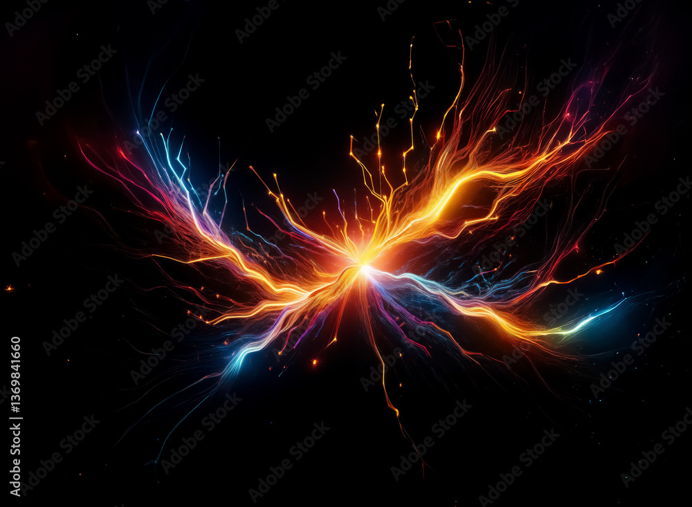 Fototapeta premium Vivid light streaks burst from a central point on black, creating an energetic abstract display of vibrant colors and luminous intensity.