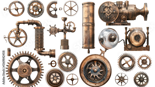 Steampunk Mechanical Components: An assortment of intricate steampunk-inspired mechanical parts and gears, each element displays a unique design.