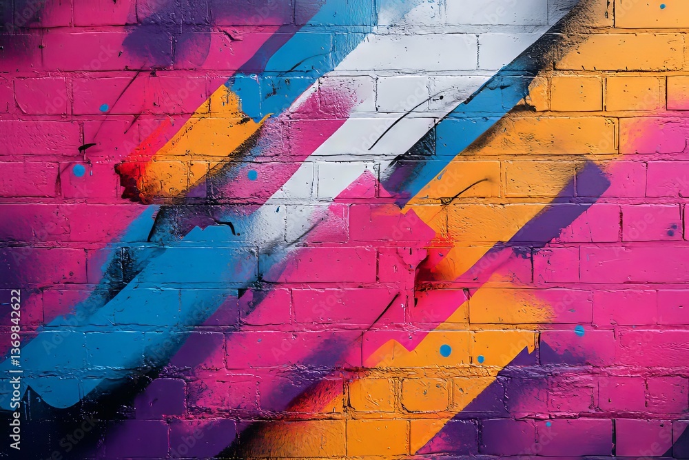 A vibrant graffiti art display features bold color stripes on brick A vibrant graffiti art display features bold color stripes on brick