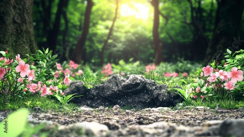 Serene Forest Scene with Pink Flowers and Rocks A Tranquil Nature Background