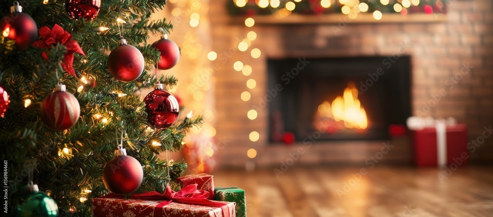 A beautiful Christmas tree is sitting in front of a warm fireplace A beautiful Christmas tree is sitting in front of a warm fireplace