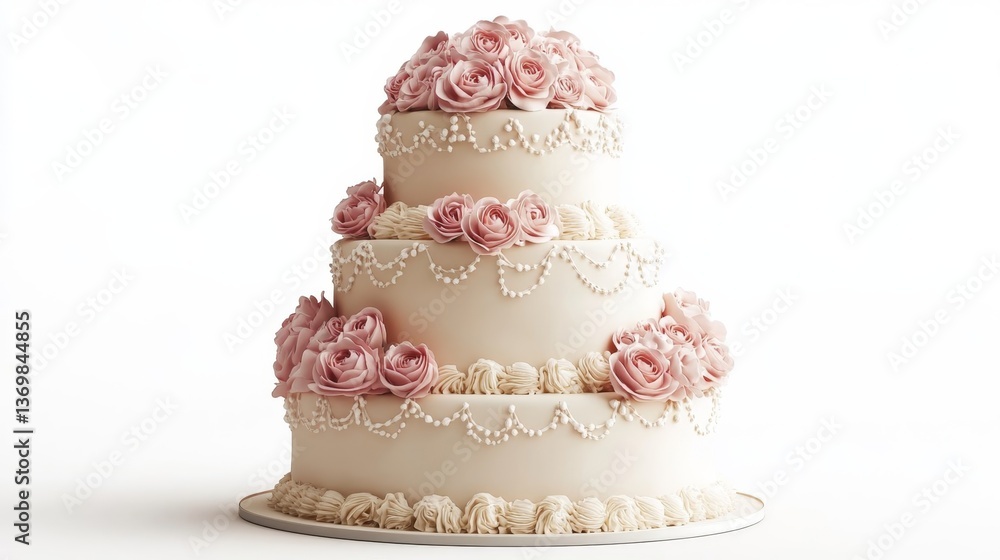 Elegant three-tier wedding cake with white icing and pink roses on white background. Elegant three-tier wedding cake with white icing and pink roses on white background.