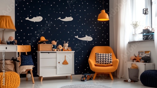 Wallpaper Mural Stylish Child's Room Interior Design with Whale Wall Decor and Mustard Yellow Furniture Torontodigital.ca