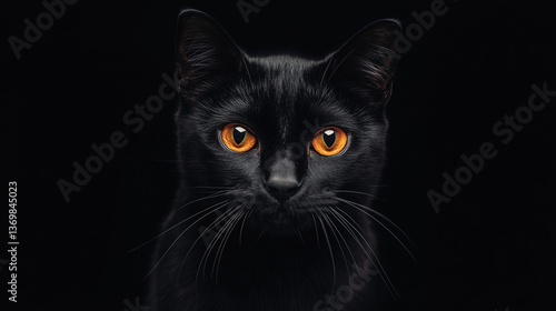 Close-up portrait of a black cat with striking yellow eyes against a dark background.