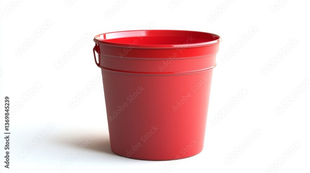 Red plastic bucket with handle isolated on white background, clean and simple design.