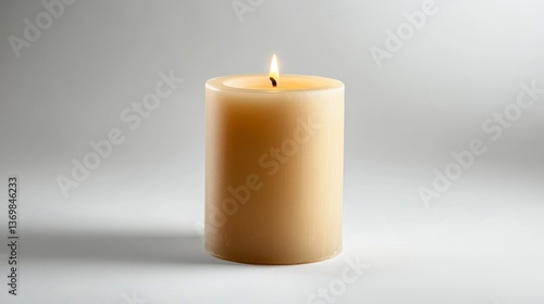 Burning yellow wax candle with flame on smooth surface and neutral background.