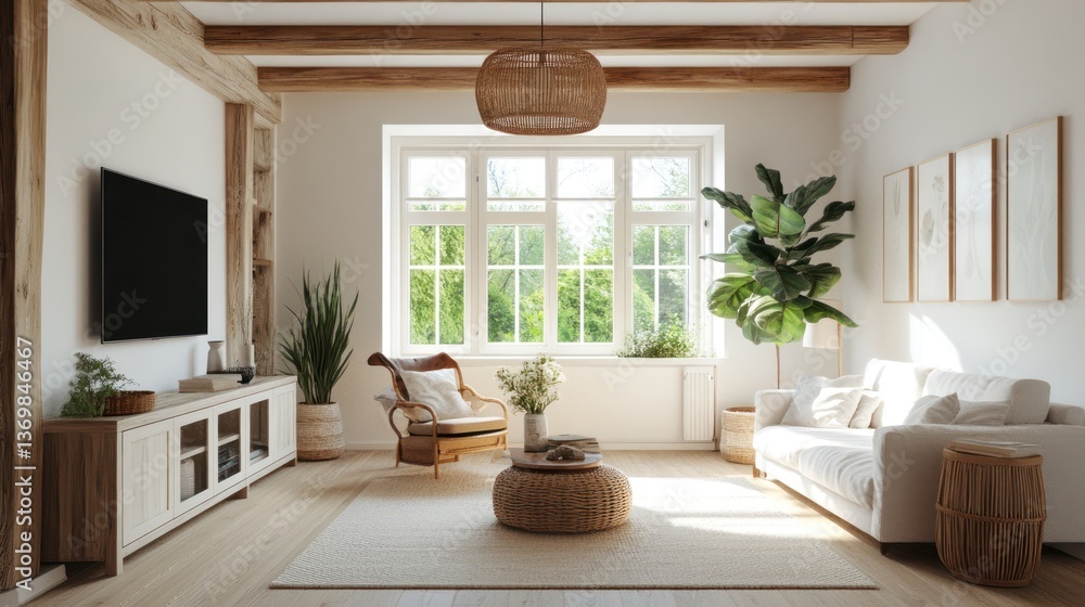 Fototapeta premium Modern Farmhouse Living Room Interior, Sunlight, Calm