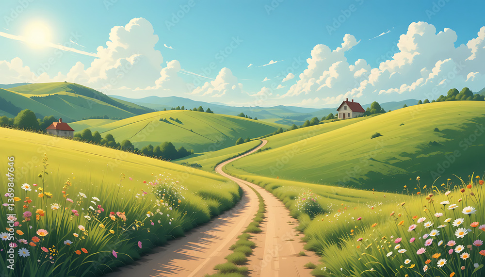 Fototapeta premium countryside landscape with a winding path of Vector Illustrations
