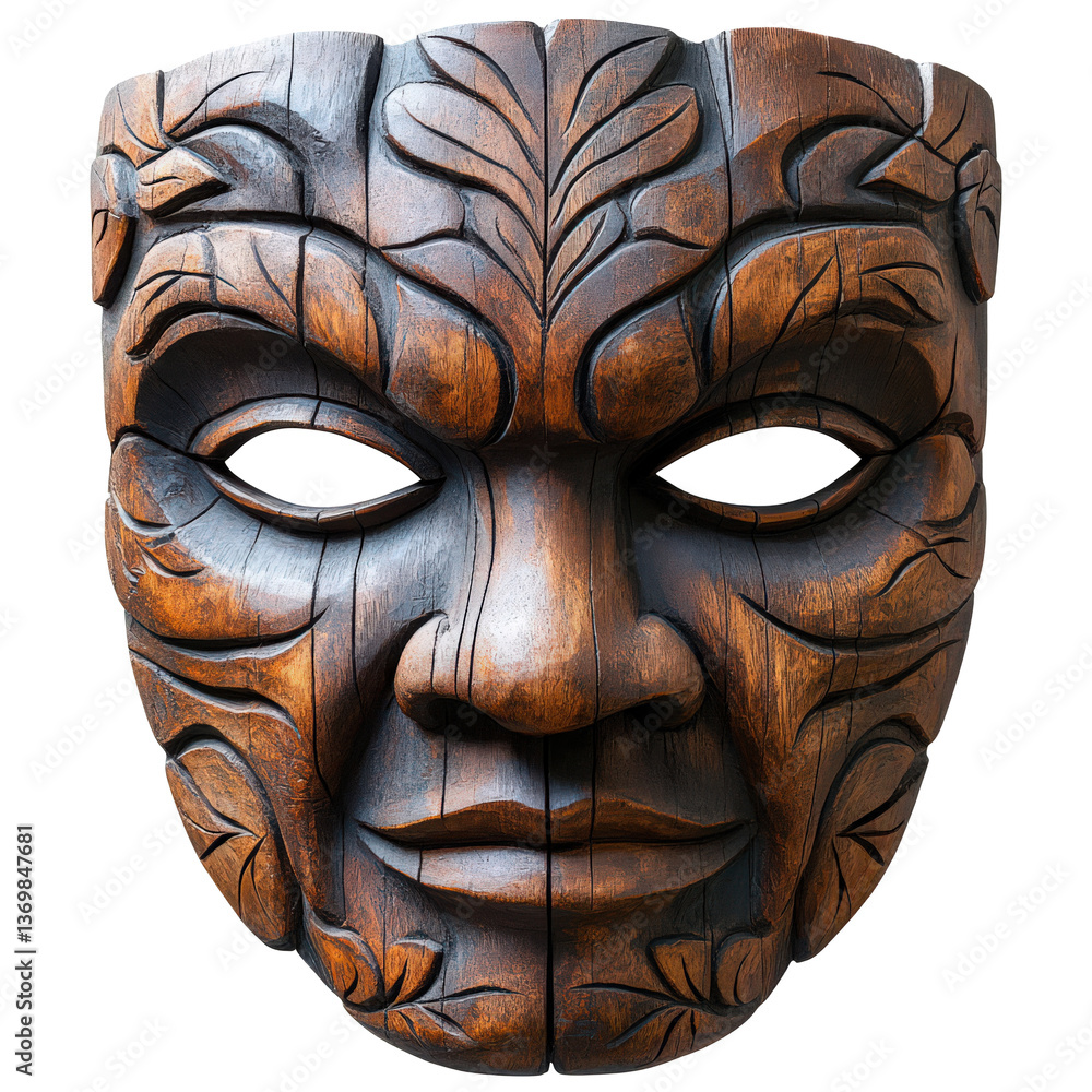 Detailed Wooden Carved Mask with Leaf Pattern and Intricate Design Elements Detailed Wooden Carved Mask with Leaf Pattern and Intricate Design Elements