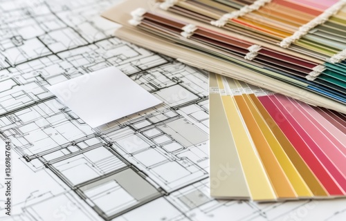 Various blueprints are meticulously stacked on a large table