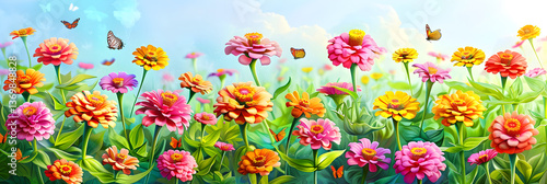 Colorful Zinnia Garden in Full Bloom with Butterflies and Bees on a Sunny Day