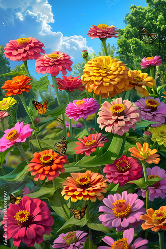 Colorful Zinnia Garden in Full Bloom with Butterflies and Bees on a Sunny Day