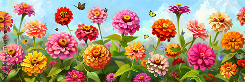 Colorful Zinnia Garden in Full Bloom with Butterflies and Bees on a Sunny Day