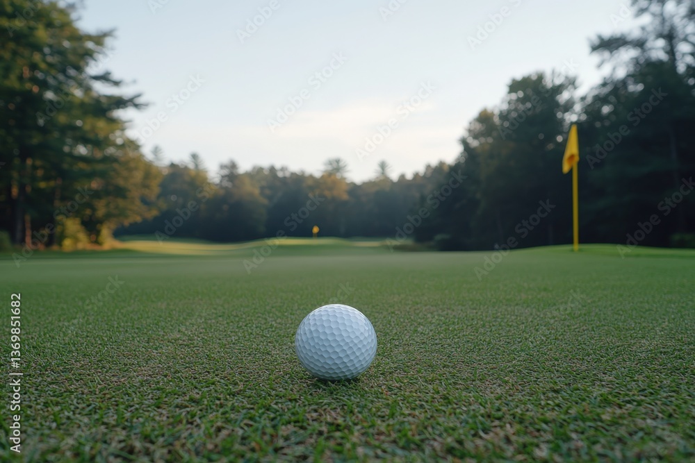 Obraz premium A small golf ball is situated on the green of a beautiful golf course