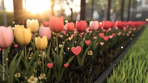 Colorful Tulips Blooming in a Sunlit Garden with Heart Decorations Romantic Spring Flowers Scene