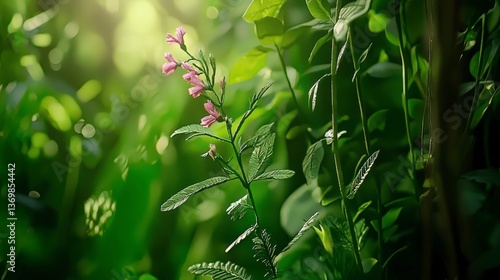 Delicate Pink Flowers Basking in Sunlight amongst Lush Green Foliage