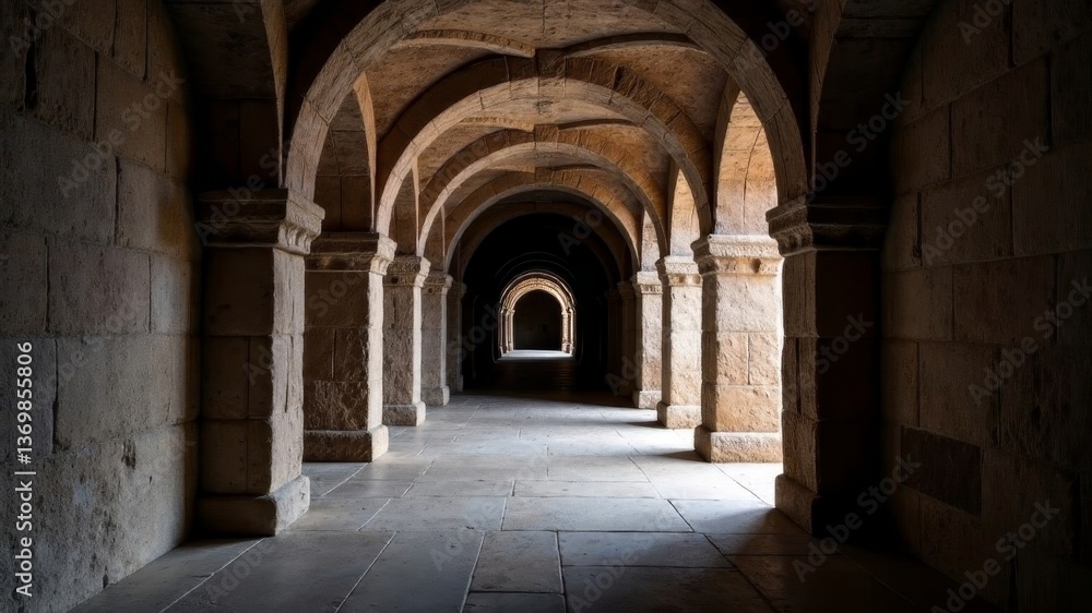 Ancient stone arch hallway with dramatic shadows and deep perspective depth. Ancient stone arch hallway with dramatic shadows and deep perspective depth.