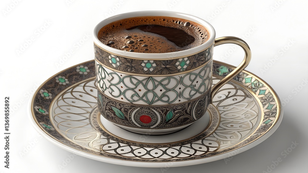 The image features a close-up of a beautifully ornate cup of Turkish coffee The image features a close-up of a beautifully ornate cup of Turkish coffee