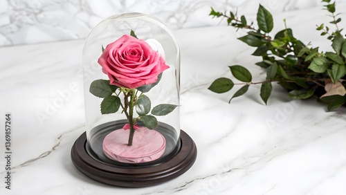 Elegant Preserved Rose in a Glass Dome, Isolated on a White Background, symbolizing eternal love and elegance, Professional Luxury Floral Decoration Stock Image