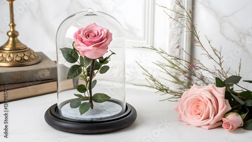 Elegant Preserved Rose in a Glass Dome, Isolated on a White Background, symbolizing eternal love and elegance, Professional Luxury Floral Decoration Stock Image