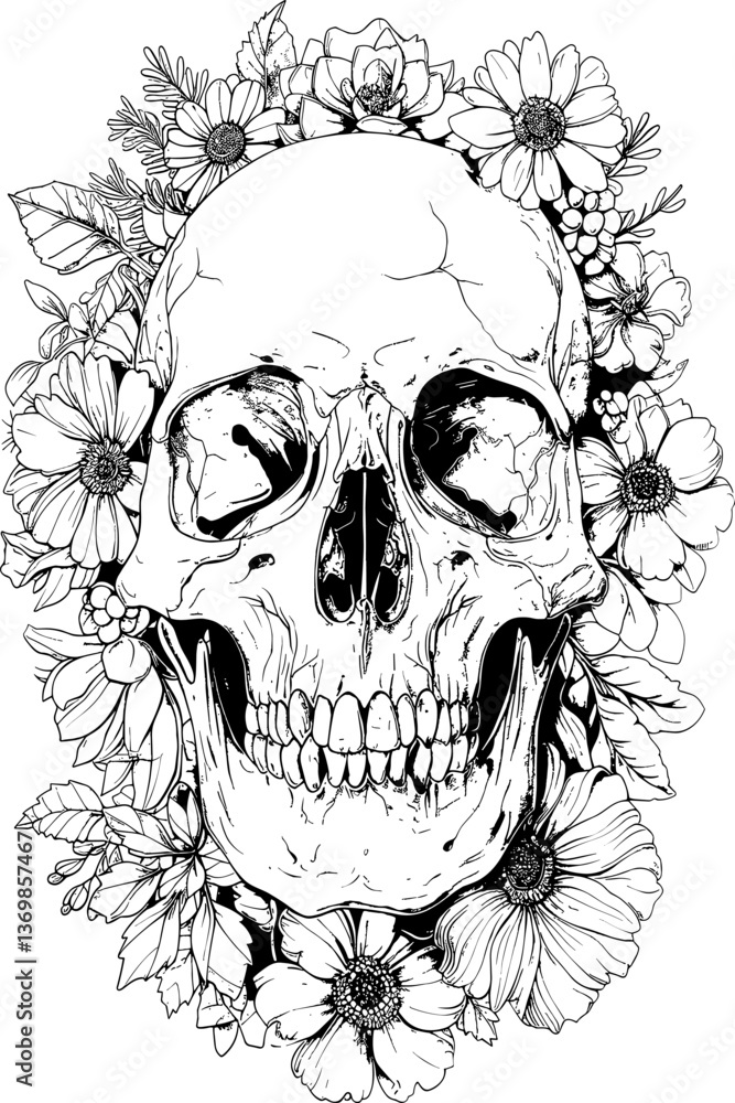 Fototapeta premium Vector illustration for coloring page. A skull with flowers surrounding it