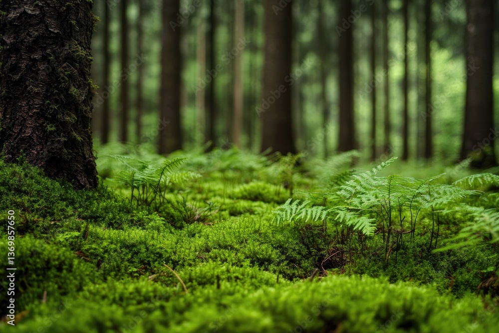 Naklejka premium Lush forest floor. Close-up view of moss and ferns