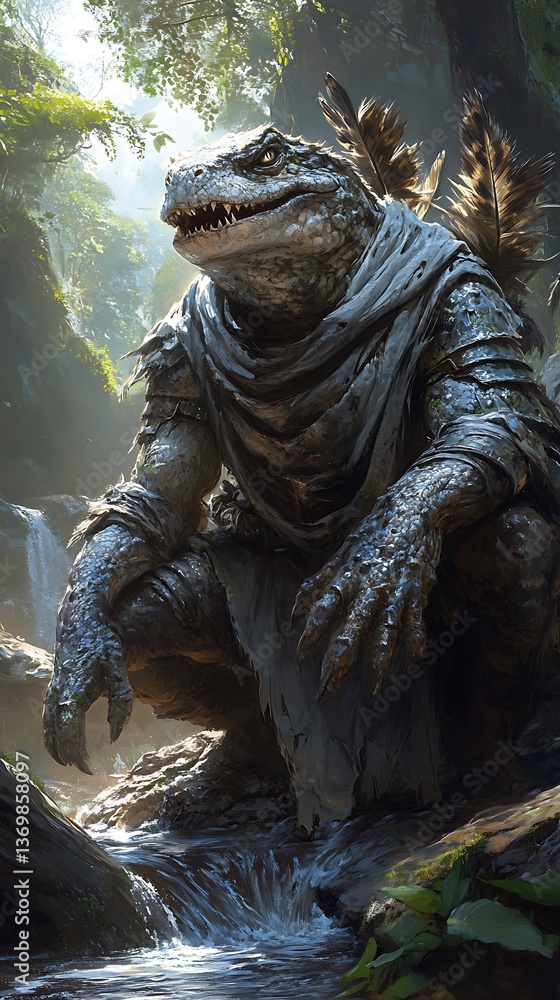 Crocodile Warrior by Creek, Forest Crocodile Warrior by Creek, Forest