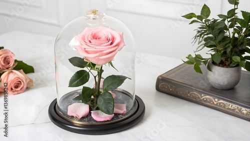 Elegant Preserved Rose in a Glass Dome, Isolated on a White Background, symbolizing eternal love and elegance, Professional Luxury Floral Decoration Stock Image