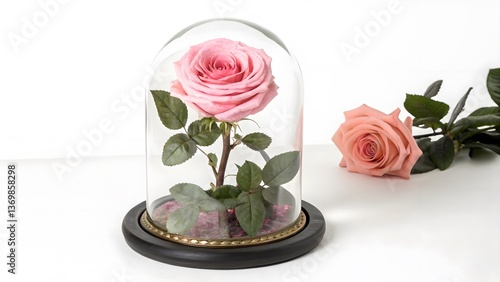 Elegant Preserved Rose in a Glass Dome, Isolated on a White Background, symbolizing eternal love and elegance, Professional Luxury Floral Decoration Stock Image