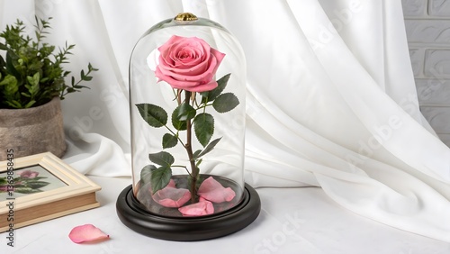 Elegant Preserved Rose in a Glass Dome, Isolated on a White Background, symbolizing eternal love and elegance, Professional Luxury Floral Decoration Stock Image