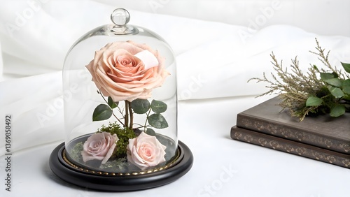 Elegant Preserved Rose in a Glass Dome, Isolated on a White Background, symbolizing eternal love and elegance, Professional Luxury Floral Decoration Stock Image