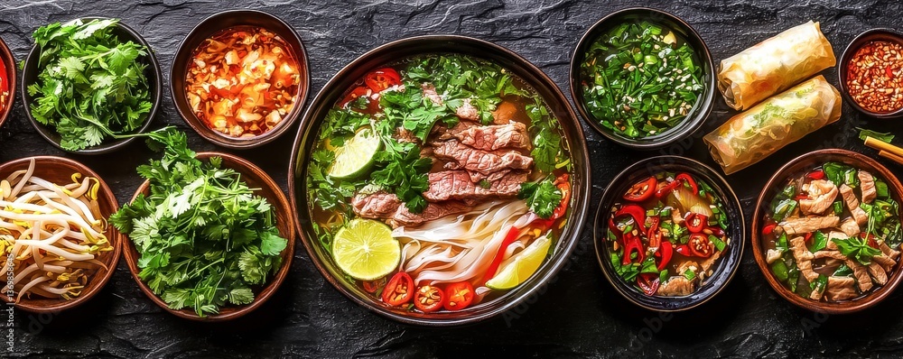 Pho: a delicious Vietnamese cuisine. This food features flavorful broth with rice noodles in bowls, garnished with herbs. Ingredients like coriander and fresh vegetables make it a perfect soup. Pho: a delicious Vietnamese cuisine. This food features flavorful broth with rice noodles in bowls, garnished with herbs. Ingredients like coriander and fresh vegetables make it a perfect soup.