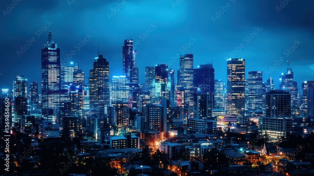 Fototapeta premium A panoramic skyline view with skyscrapers illuminated against the night sky.