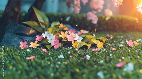 Delicate Pink and White Flowers Blossom in Sunny Spring Garden Falling Petals on Lush Green Grass