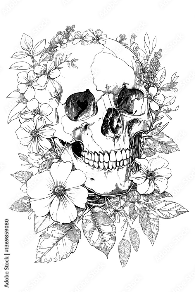Fototapeta premium Vector illustration for coloring page. A skull with flowers surrounding it