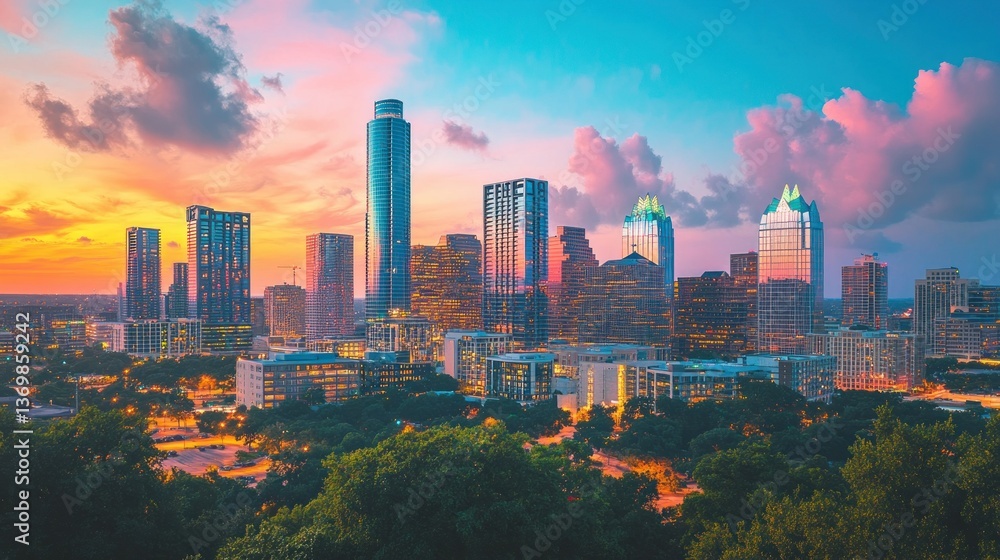 Fototapeta premium A panoramic view of a city skyline at dusk with vibrant colors.