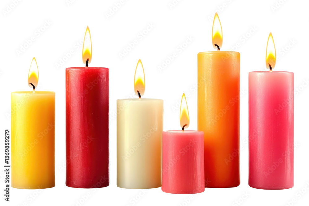 Set of 6 Pillar Candles on transparent background Set of 6 Pillar Candles on transparent background