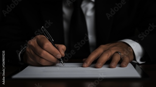 a person signing a document with a pen, emphasizing the detail and solemnity of the action